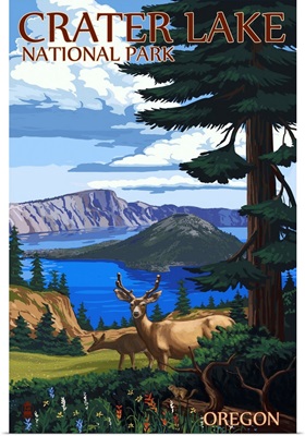 Crater Lake National Park, Oregon - Deer Family: Retro Travel Poster