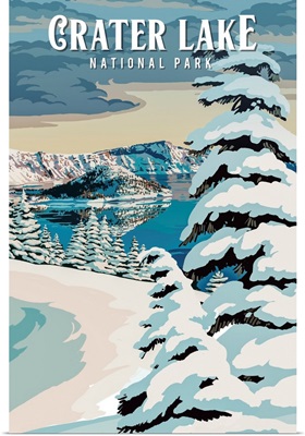 Crater Lake National Park, Winter Landscape: Retro Travel Poster