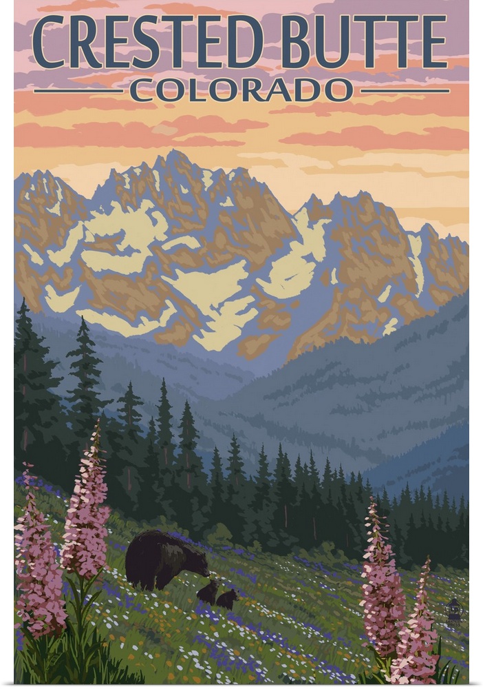 Crested Butte, Colorado - Bears and Spring Flowers: Retro Travel Poster