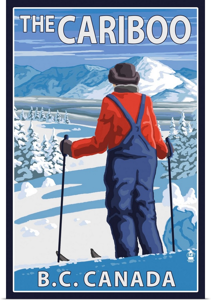 Retro stylized art poster of a skier stopped and gazing out over a snowy mountainous landscape.