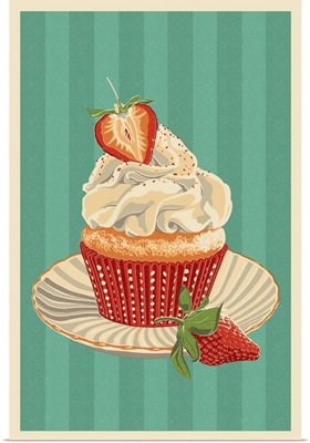 Cupcake and Strawberry - Letterpress: Retro Art Poster