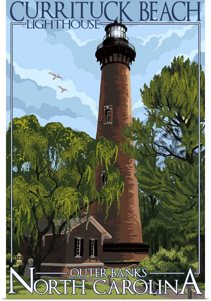 Currituck Beach Lighthouse Day Scene - Outer Banks, North Carolina: Retro Travel Poster