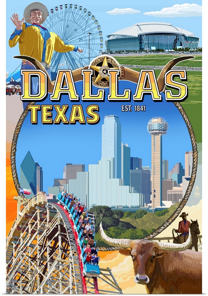 Dallas, Texas - Montage Scenes: Retro Travel Poster