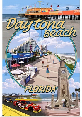 Daytona Beach, FL - Daytona Beach Montage: Retro Travel Poster
