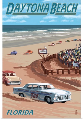Daytona Beach, FL - Daytona Beach Racing Scene: Retro Travel Poster