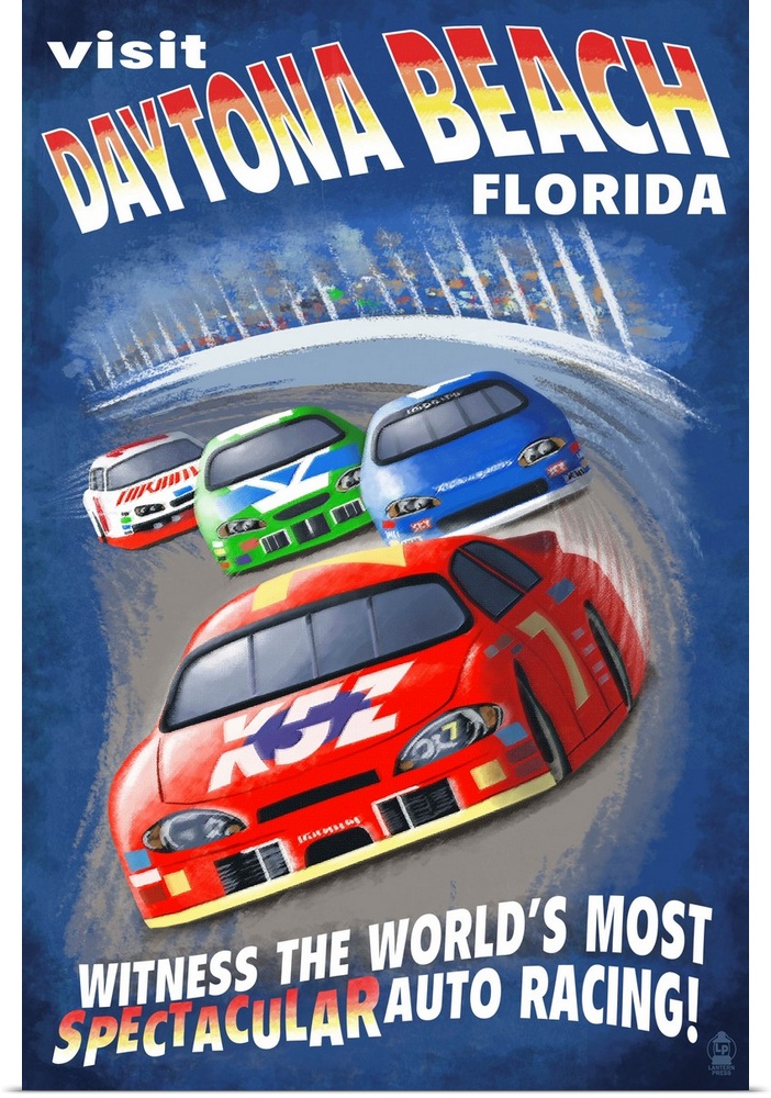 Daytona Beach, Florida - Racecar Scene: Retro Travel Poster