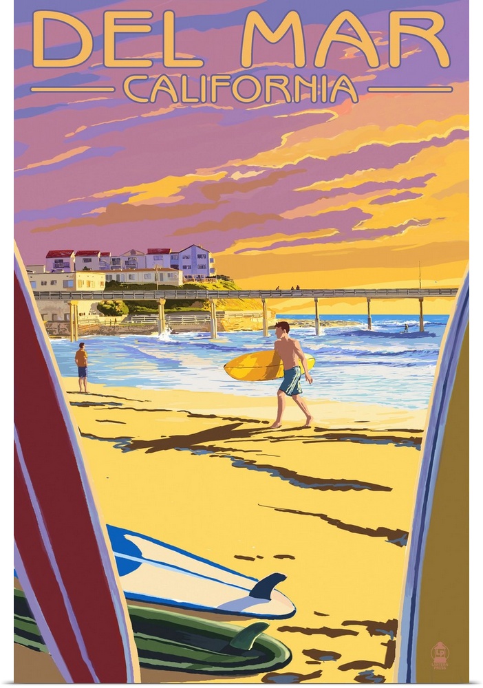 Retro stylized art poster of a surfer on the beach at night, with a pier in the background.