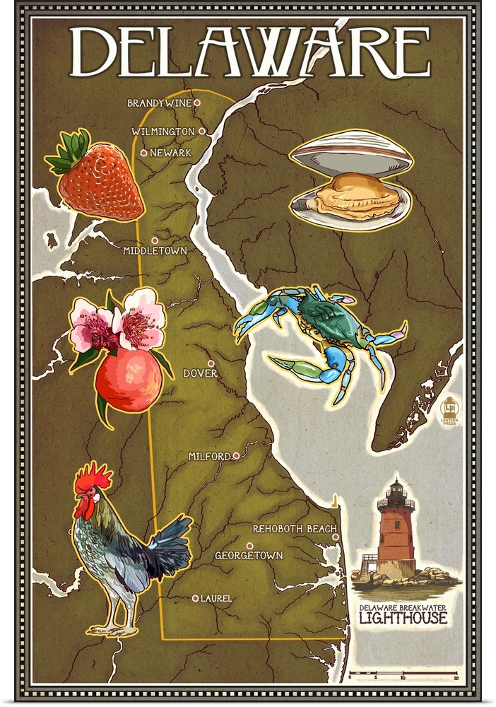 Delaware Map and Icons: Retro Travel Poster