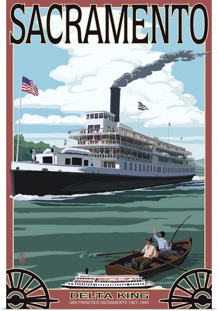 Retro stylized art poster of a riverboat with smoke pouring out of the smokestack.