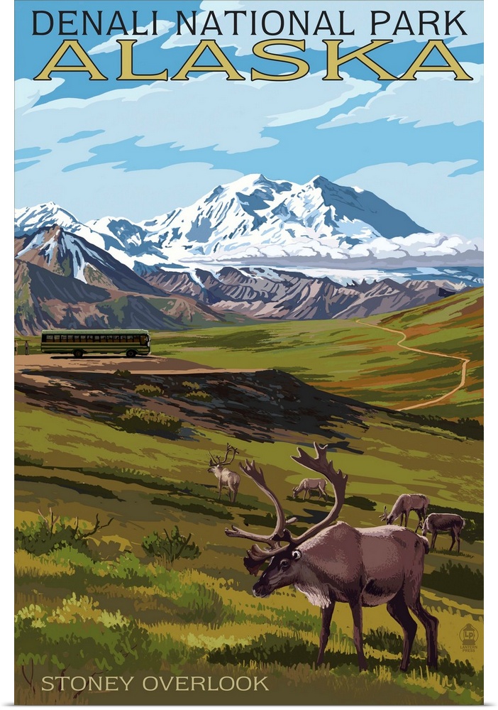 Denali National Park, Alaska - Caribou and Stoney Overlook: Retro Travel Poster