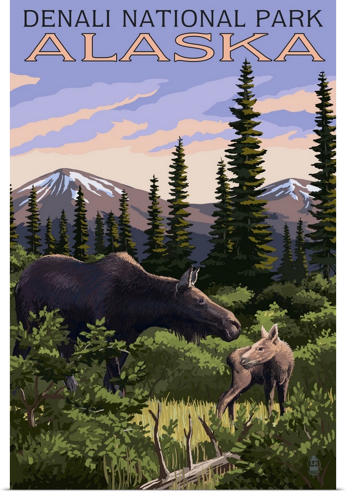 A retro stylized art poster of a moose and calf in a forest meadow.