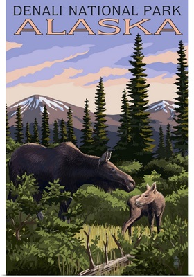 Denali National Park, Alaska - Moose and Calf: Retro Travel Poster