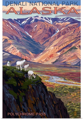 Denali National Park, Alaska - Polychrome Pass: Retro Travel Poster