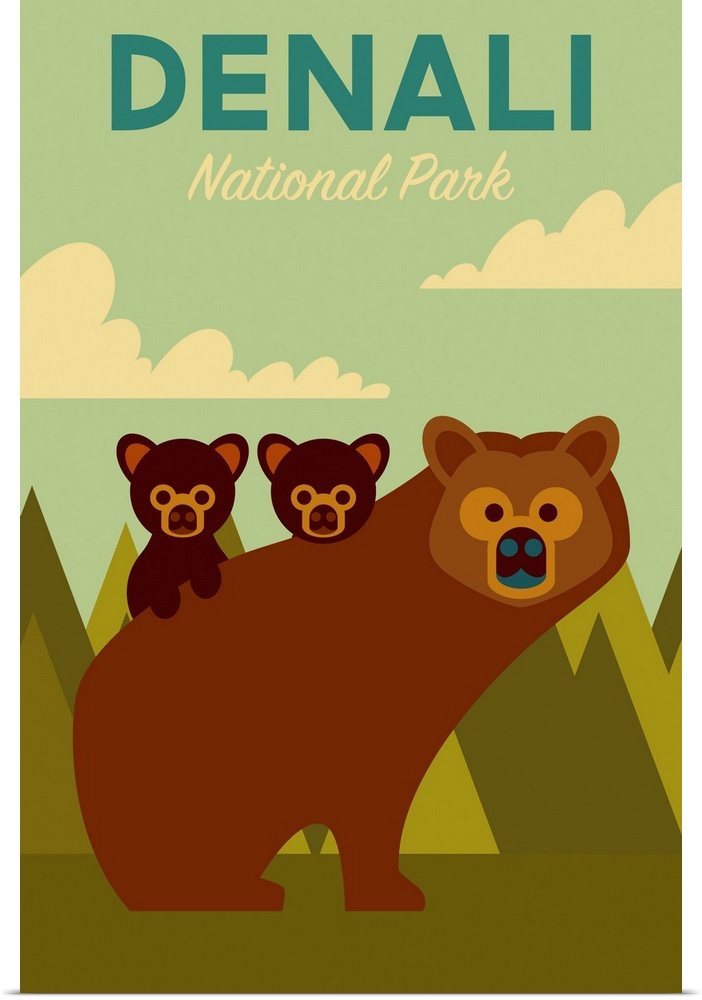 Denali National Park and Preserve, Bear And Cubs: Graphic Travel Poster
