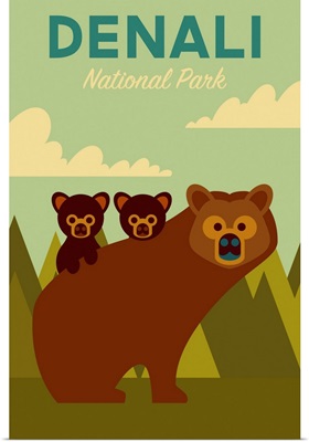 Denali National Park and Preserve, Bear And Cubs: Graphic Travel Poster