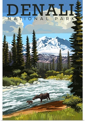Denali National Park and Preserve, Moose And Calf: Retro Travel Poster