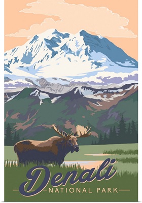 Denali National Park and Preserve, Moose In Nature: Retro Travel Poster