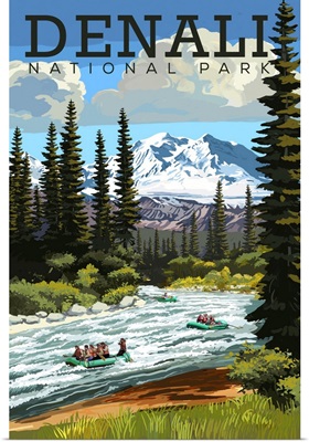Denali National Park and Preserve, Wild Water Rafting: Retro Travel Poster
