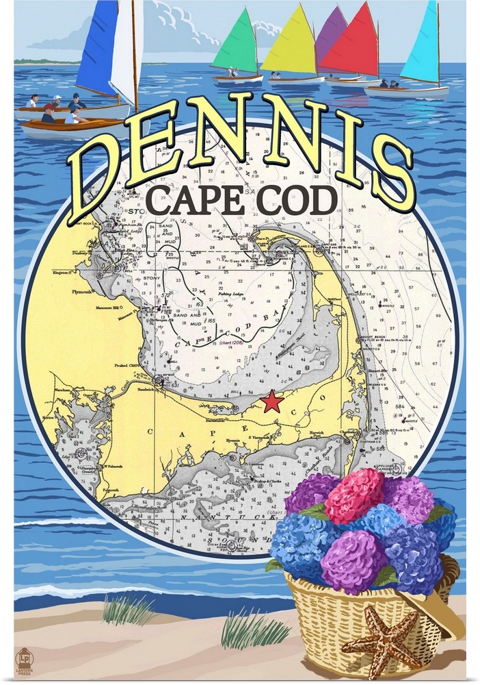 A retro stylized art poster of a map of Cape Cod and a beach scene of sail boats on the water.