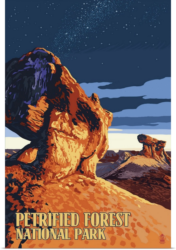 A retro stylized art poster of a landscape scene from the majestic landformations of this preserved land.