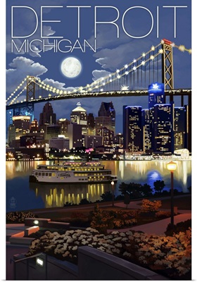 Detroit, Michigan - Skyline at Night: Retro Travel Poster