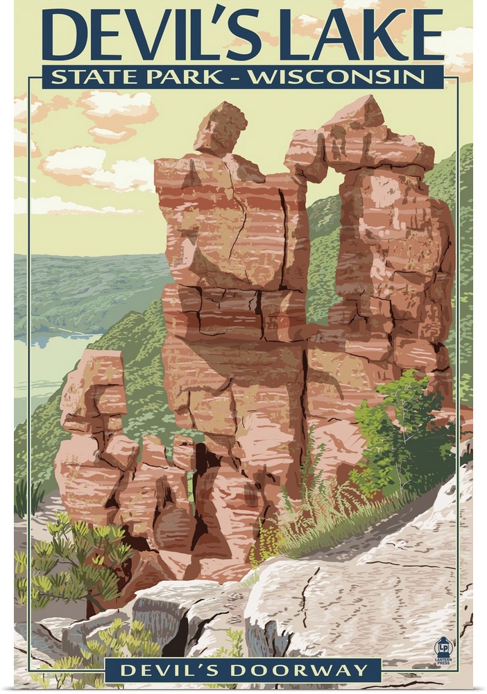 Devil's Lake State Park, Wisconsin - Devil's Doorway: Retro Travel Poster