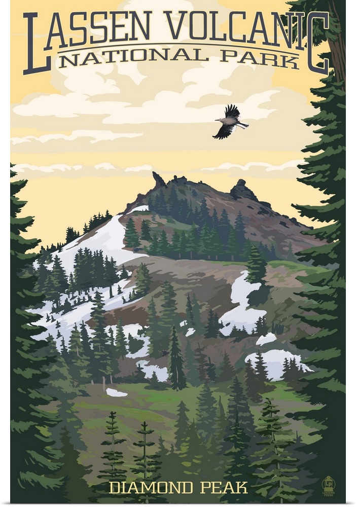 Retro stylized art poster of a volcano peak. With trees below, and a bird in flight.