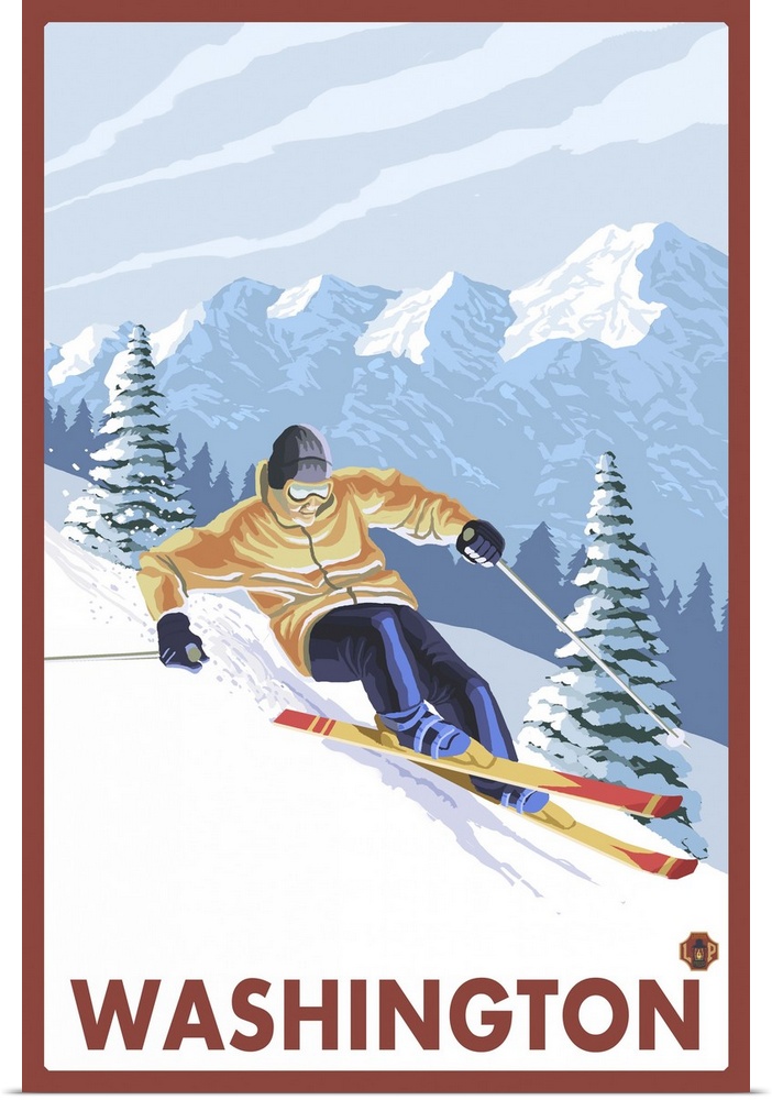 Downhhill Snow Skier - Washington: Retro Travel Poster