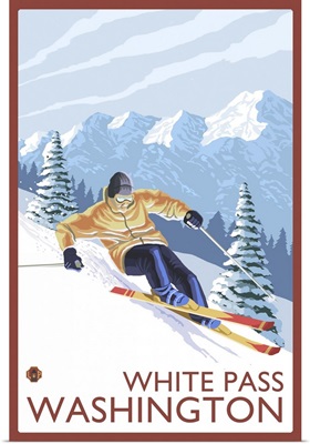 Downhhill Snow Skier - White Pass, Washington: Retro Travel Poster