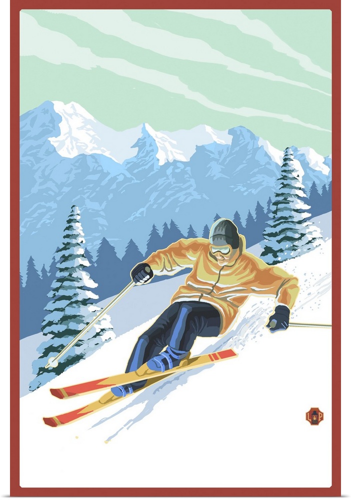 Retro stylized art poster of a downhill skier, with a mountain range in the background.