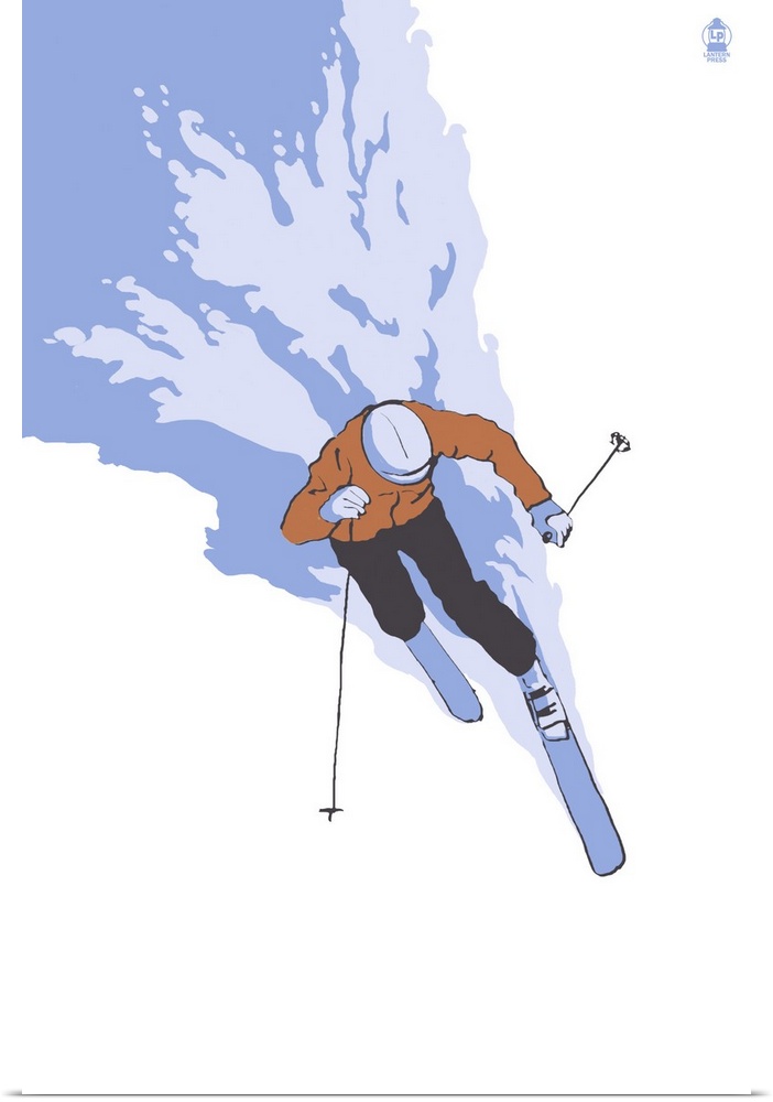 Retro stylized art poster of an aerial view of a downhill skier.