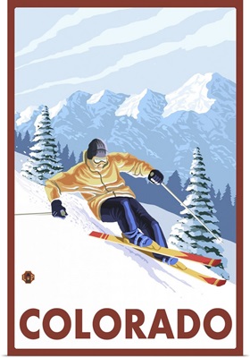 Downhill Snow Skier - Colorado: Retro Travel Poster