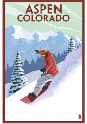 Downhill Snowboarder - Aspen, Colorado: Retro Travel Poster