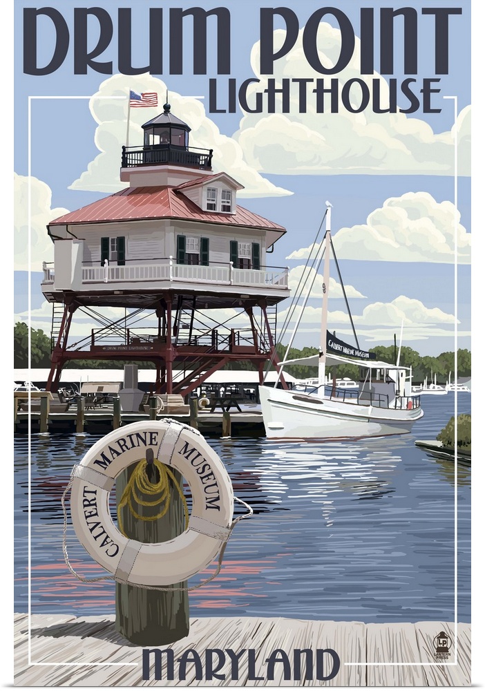 Retro stylized art poster of a lighthouse stilted over the water in a harbor, with a boat and a dock.
