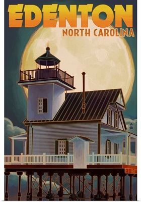 Edenton, North Carolina - Lighthouse and Moon: Retro Travel Poster