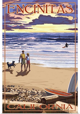 Encinitas, California - Beach and Sunset: Retro Travel Poster