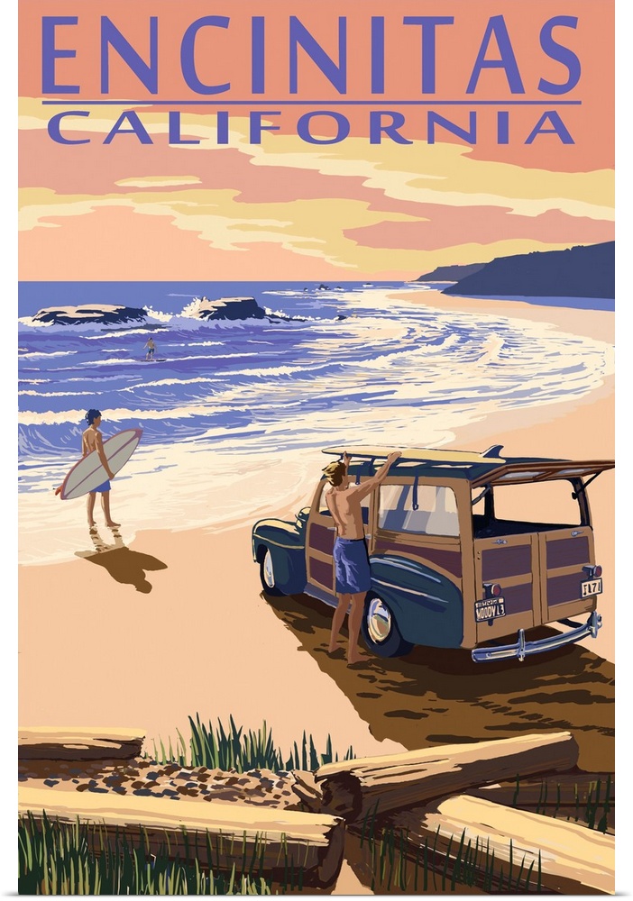 Retro stylized art poster of surfers and a old car on the beach at sunset.