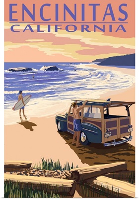 Encinitas, California - Woody on Beach: Retro Travel Poster