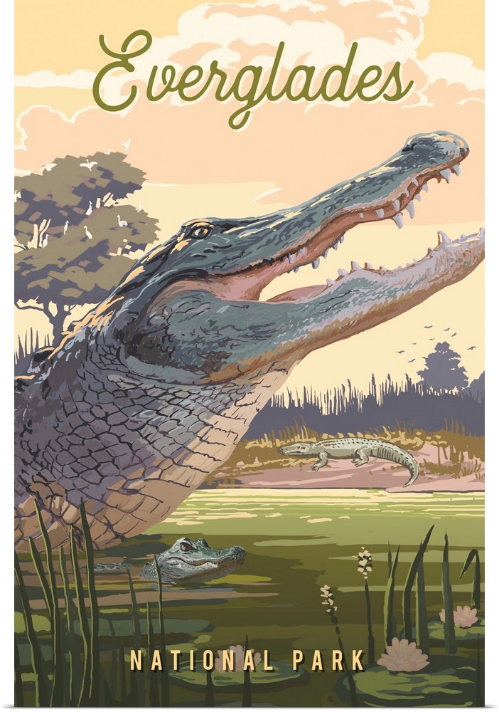 Everglades National Park, Crocodile: Retro Travel Poster