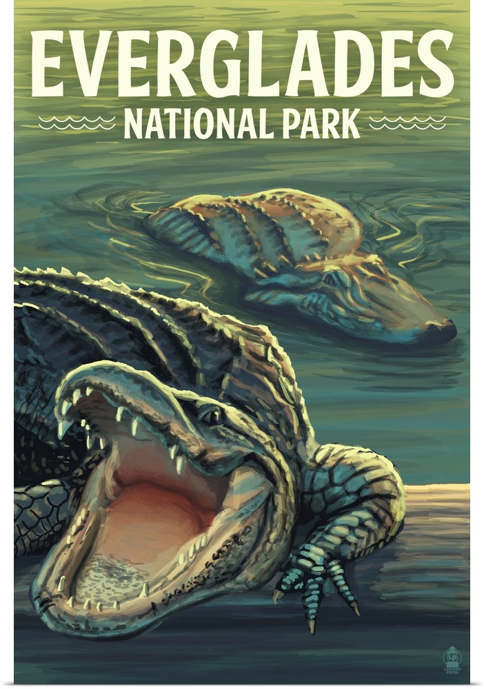 Everglades National Park, Crocodile Roaring: Retro Travel Poster