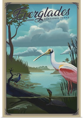 Everglades National Park, Roseate Spoonbill: Retro Travel Poster