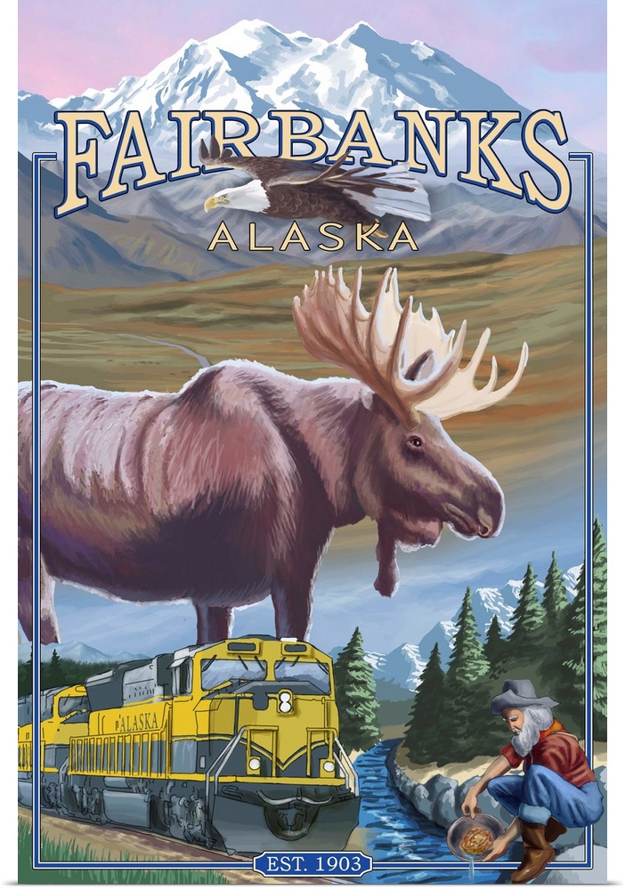 Retro stylized art poster of a moose in a wilderness landscape with an eagle in the sky. With a railroad scene at the bott...