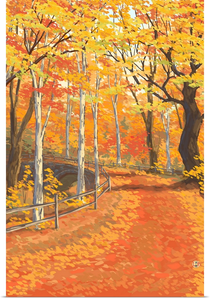 Retro stylized art poster of leaf covered road in a fall colored forest, with a fence running alongside road.