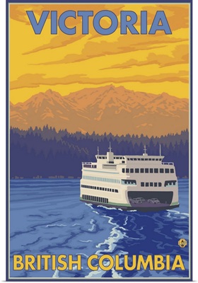 Ferry and Mountains - Victoria, BC Canada: Retro Travel Poster