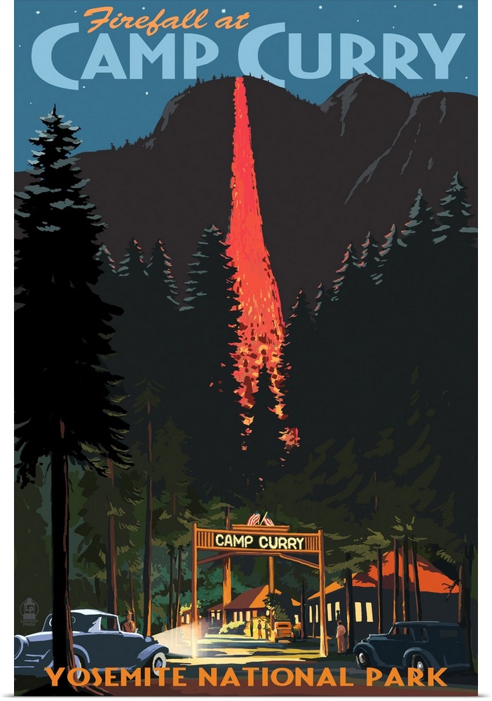 Firefall and Camp Curry - Yosemite National Park, California: Retro Travel Poster