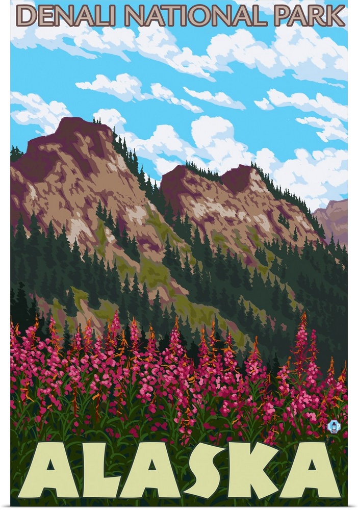Fireweed and Mountains - Denali National Park, Alaska: Retro Travel Poster