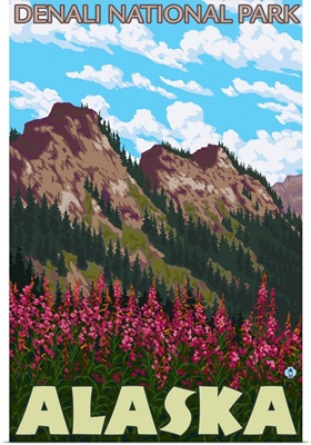 Fireweed and Mountains - Denali National Park, Alaska: Retro Travel Poster