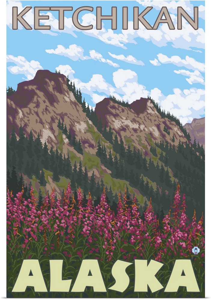 Fireweed and Mountains - Ketchikan, Alaska: Retro Travel Poster