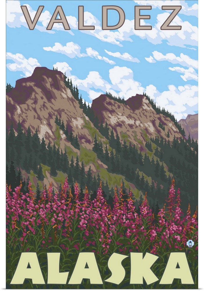 Fireweed and Mountains - Valdez, Alaska: Retro Travel Poster