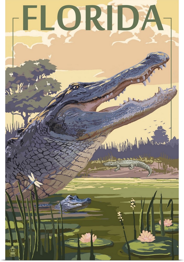 Retro stylized art poster of a mother alligator with its baby wading in a swamp.